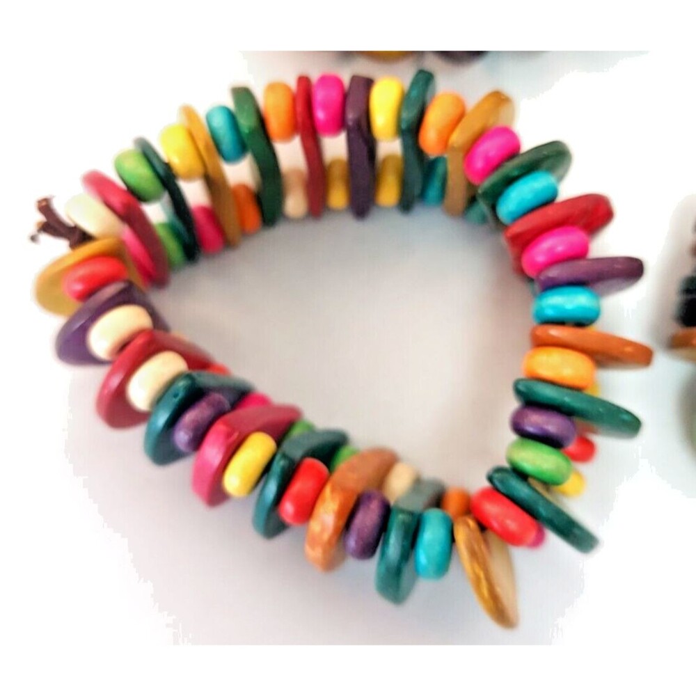 Colorful West African Style Coconut Shell Stretch Bracelet Multicolor Wood Bead